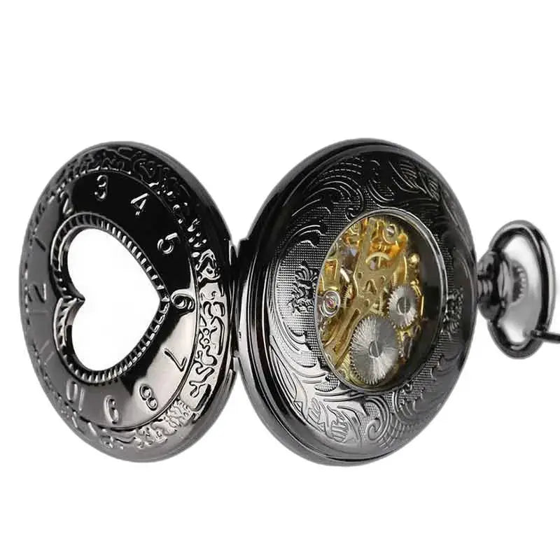 Orologio da tasca da donna con meccanismo manuale, orologio da tasca nero aperto con ingranaggi