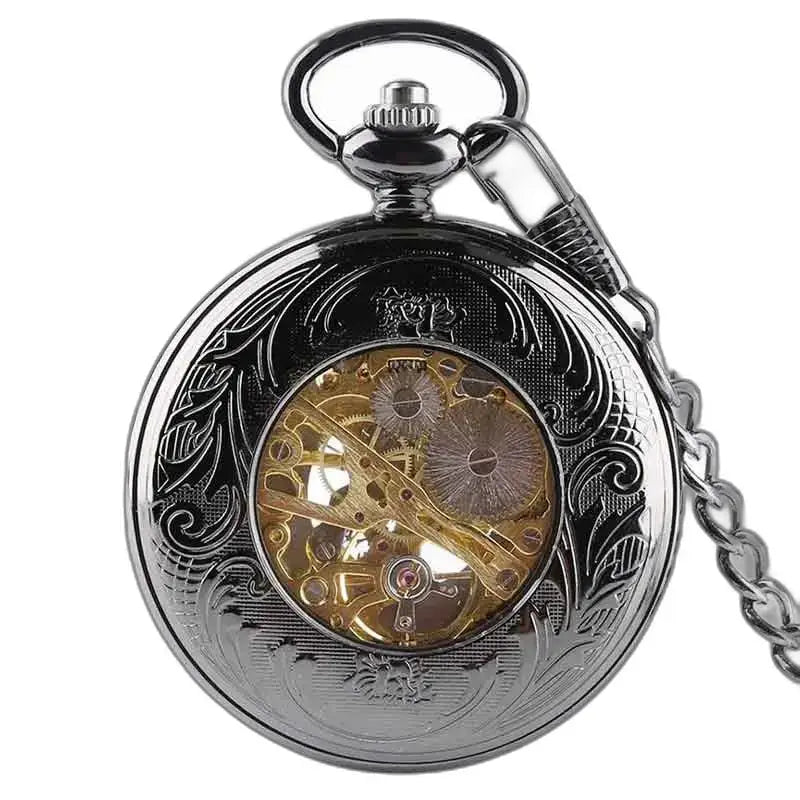 Orologio da tasca da donna con meccanismo manuale e ingranaggi a vista in argento lavorato