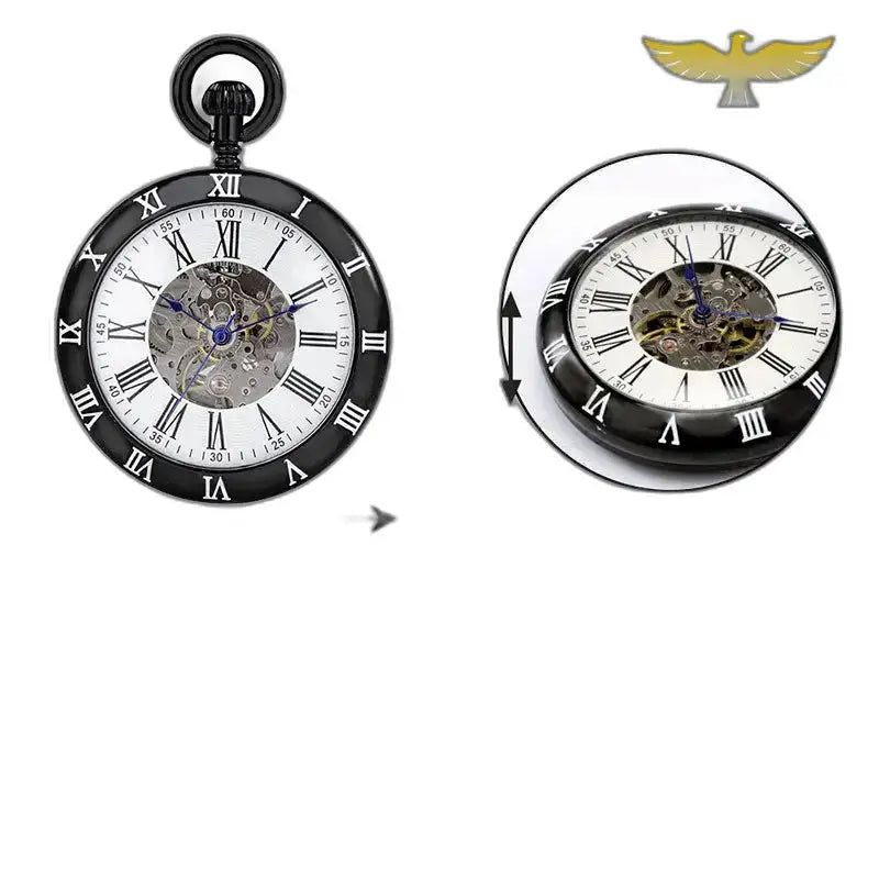 Orologio da tasca meccanico classico aperto nero con meccanismo a vista e cassa nera