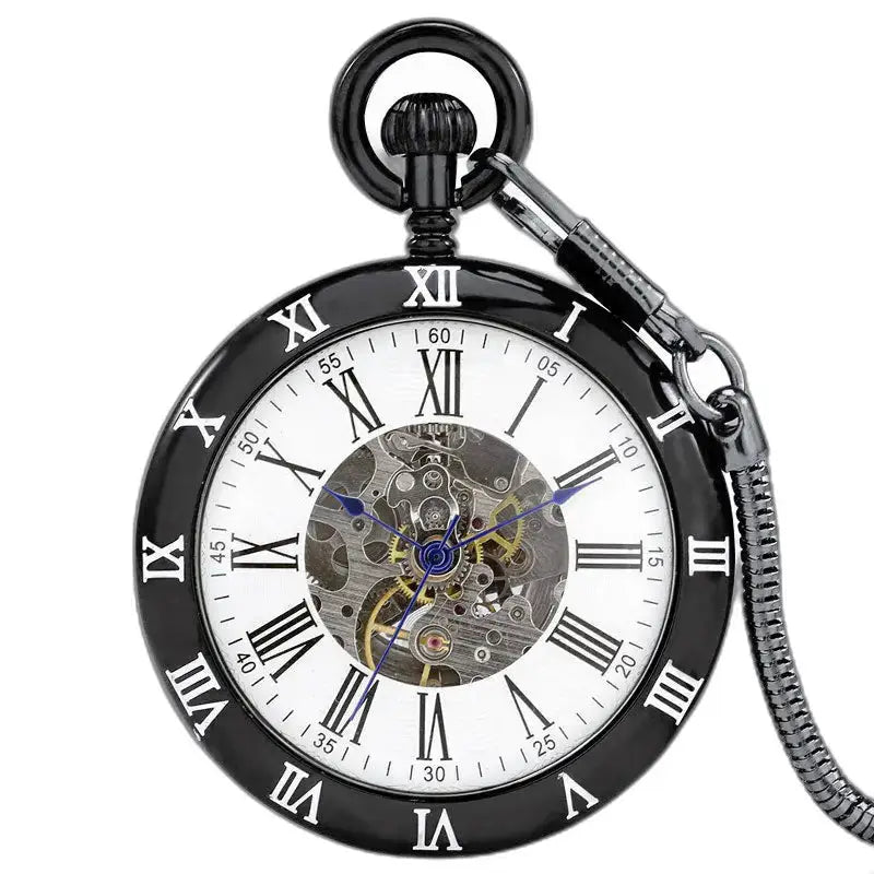 Orologio da tasca meccanico aperto classico nero con meccanismo a vista e ingranaggi neri