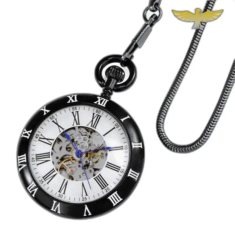 Classico orologio da tasca meccanico aperto nero con numeri romani e cassa nera