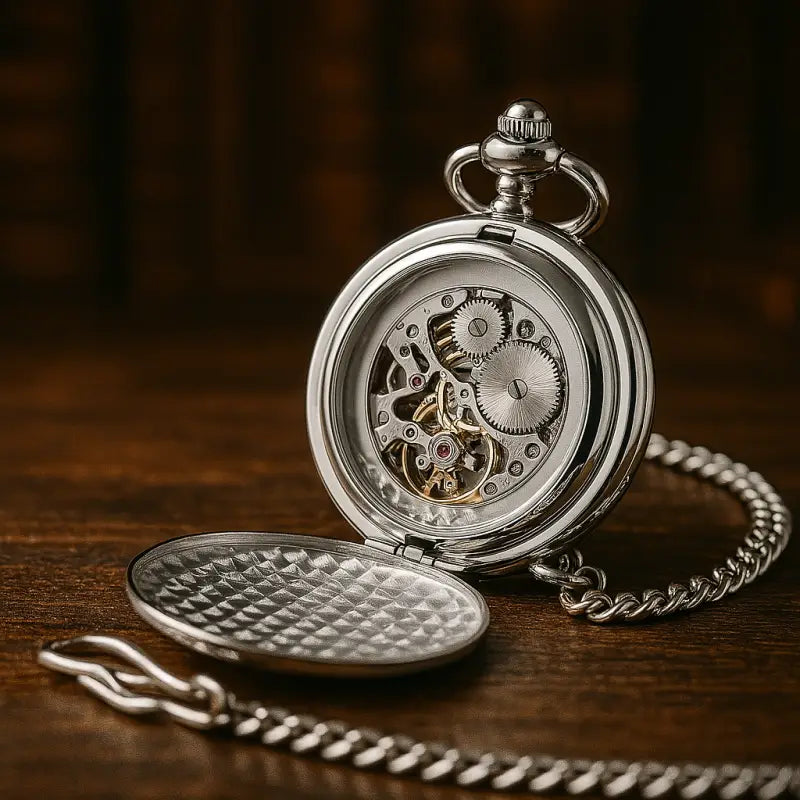 Orologio da tasca meccanico di lusso in argento con specchio liscio dal design elegante e sofisticato