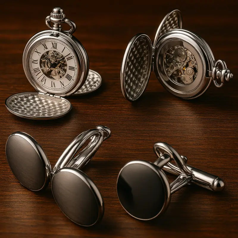 Orologio da tasca meccanico in argento di lusso a specchio liscio con orologi e gemelli