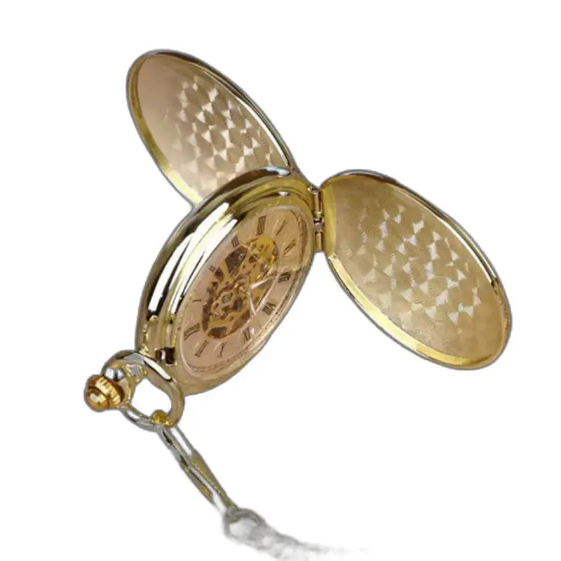 Orologio da tasca meccanico di lusso in oro nero con catena dorata e coperchi con cerniera dorati