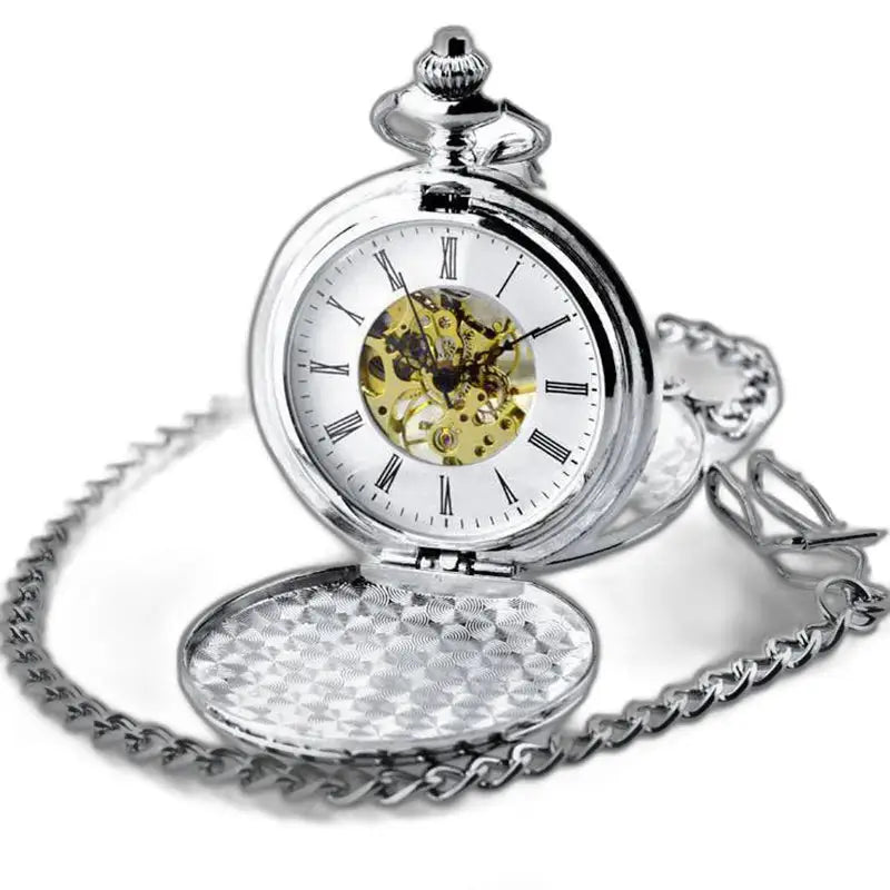 Orologio da tasca meccanico di lusso in oro nero con catena dorata ed elegante quadrante argentato