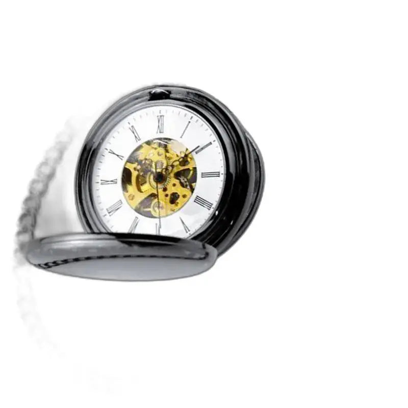 Montre Gousset Mécanique Luxe Noir Or avec chaîne dorée et design élégant