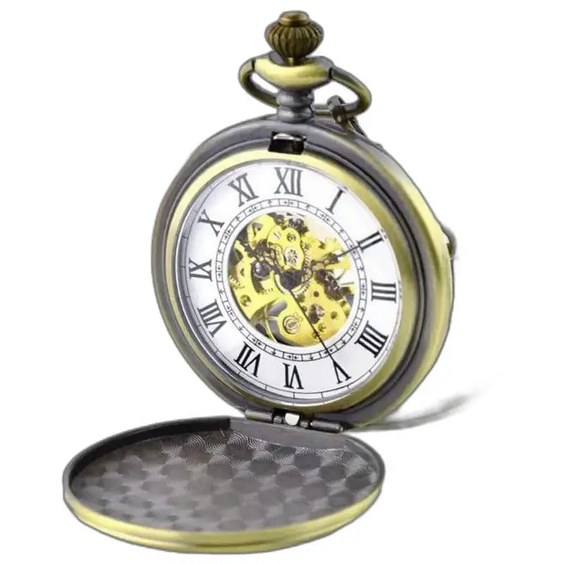 Orologio da tasca meccanico di lusso in oro nero con catena dorata e meccanismo a vista