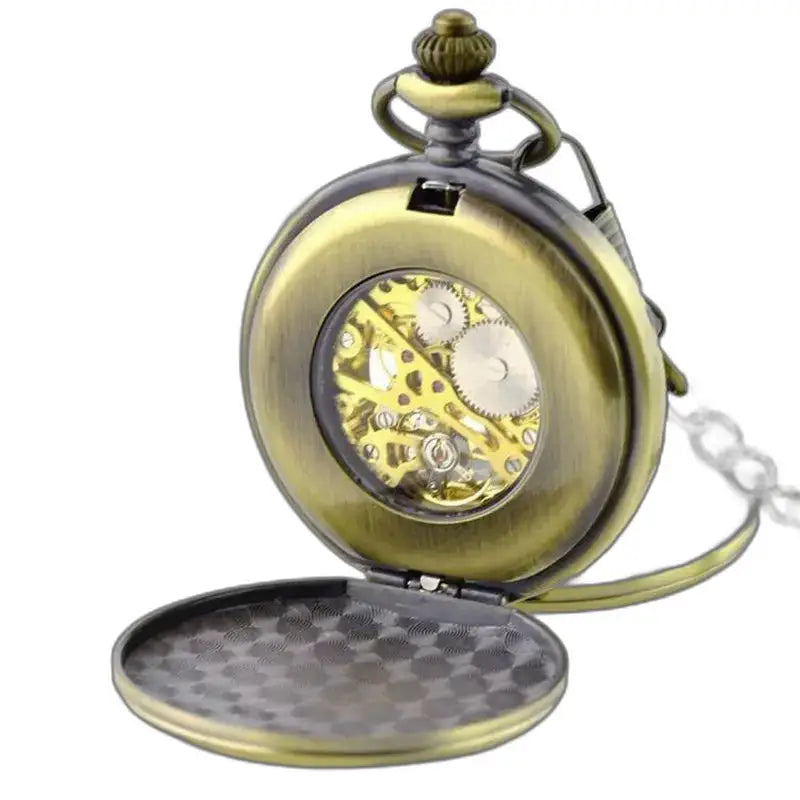 Montre Gousset Mécanique Luxe Noir Or avec une chaîne dorée et un cadran ouvert en bronze