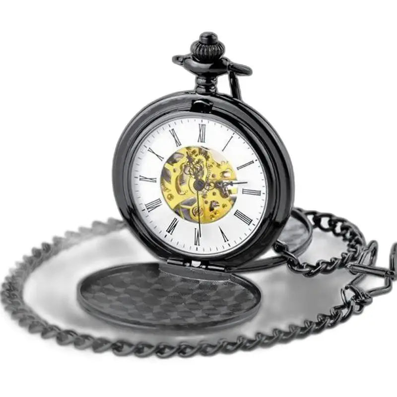 Orologio da tasca meccanico di lusso in oro nero con catena dorata e design elegante