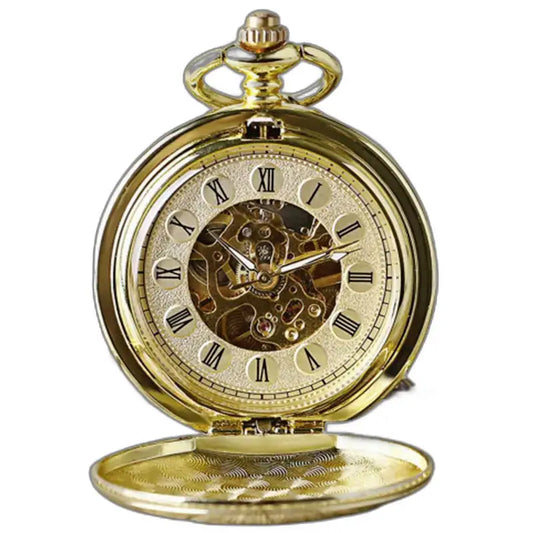 Orologio da tasca meccanico di lusso in oro nero con catena dorata e design elegante