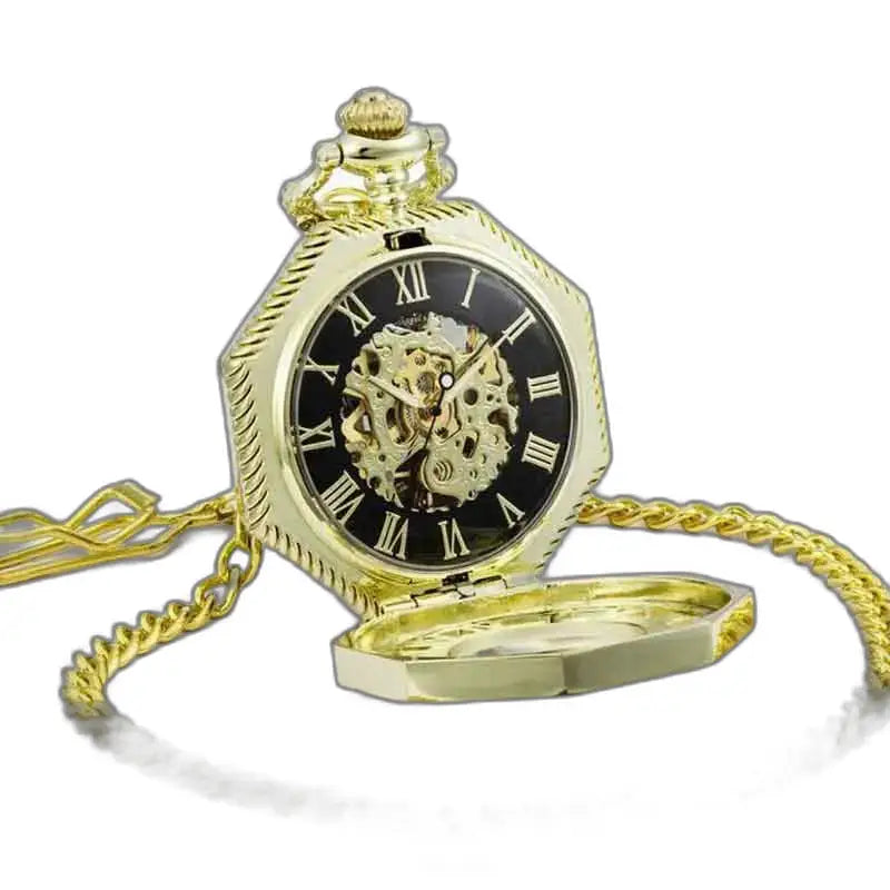 Orologio da tasca meccanico ottagonale in oro con catena dorata e design elegante