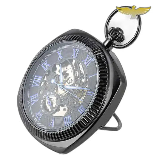 Elegante orologio da tasca moderno da uomo con movimento scheletrato nero