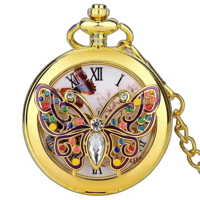 Orologio da tasca in oro con elegante design a farfalla e movimento al quarzo