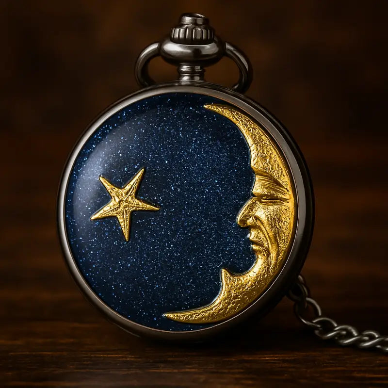 Classico orologio da tasca con pendente con design a forma di luna e stella, ideale per uomo e donna