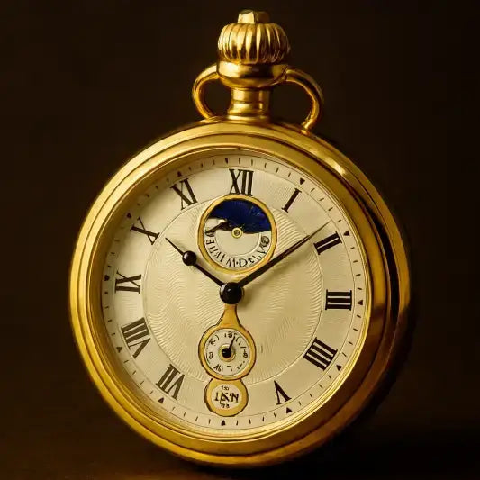 Orologio da tasca di lusso con fasi lunari in bronzo argentato con quadrante dorato e numeri romani