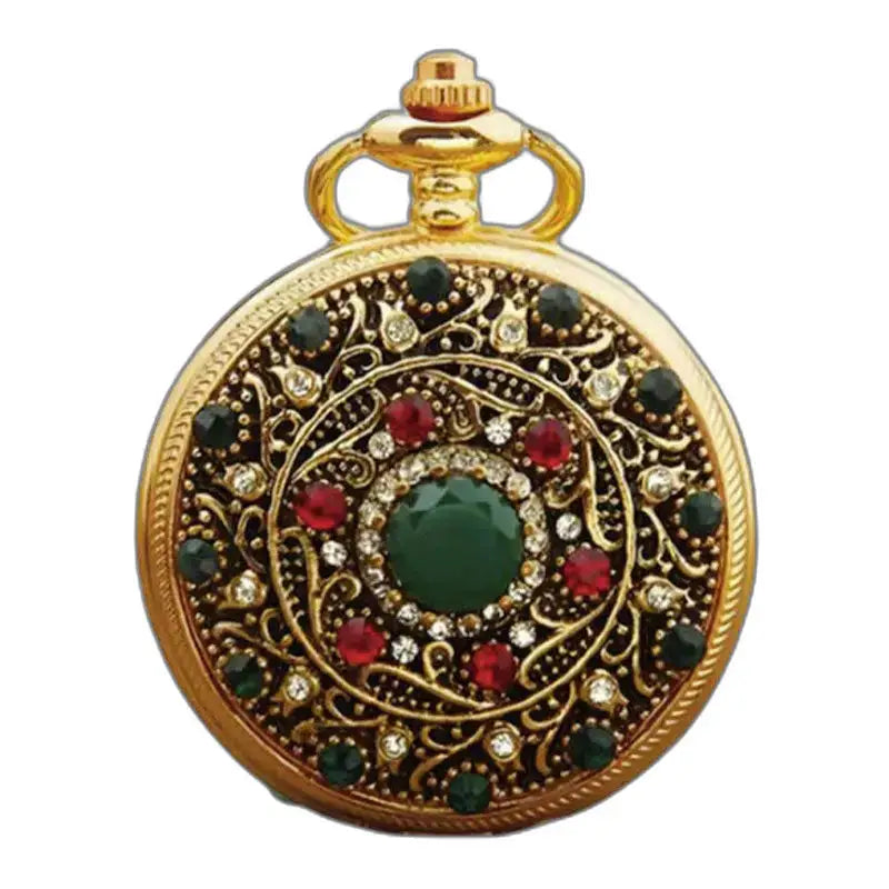 Orologio da tasca con collana in oro e pietre preziose dal design ornato