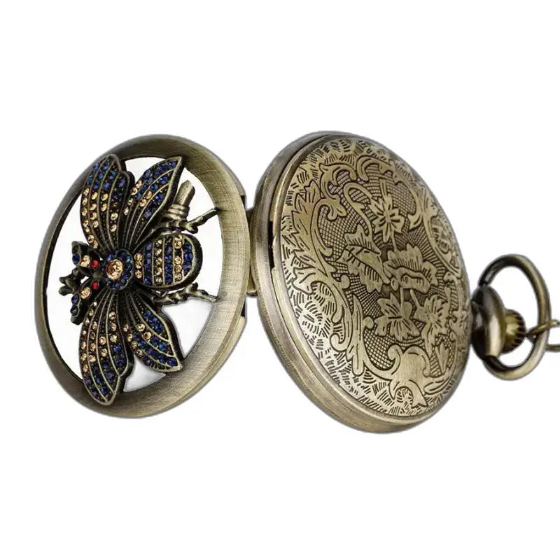 Classico orologio da tasca al quarzo con farfalla in bronzo con ape in bronzo decorata