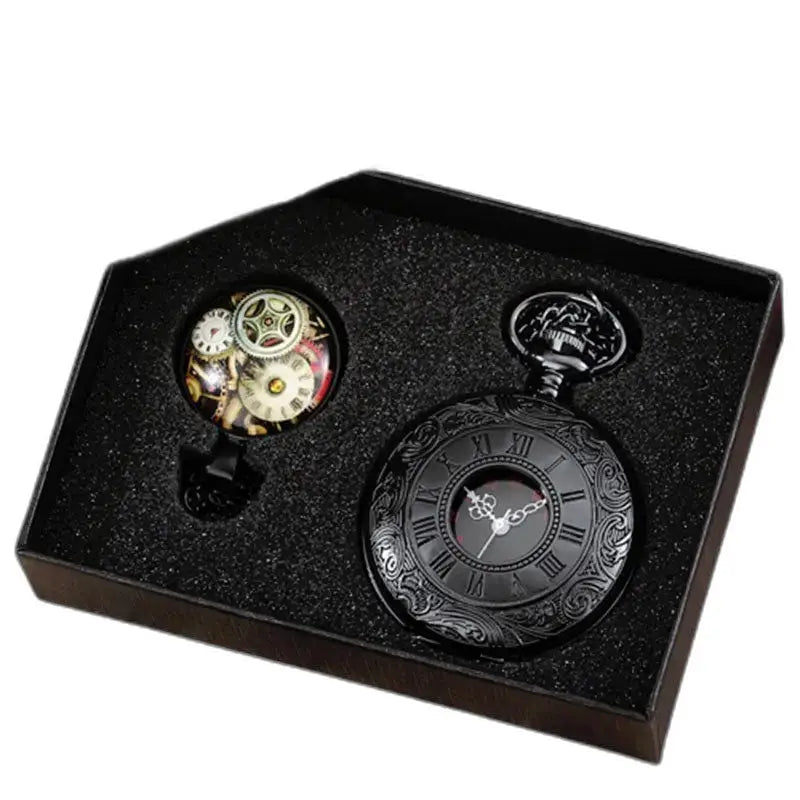 Due orologi da tasca retrò in scatola di presentazione, modello Gold Black