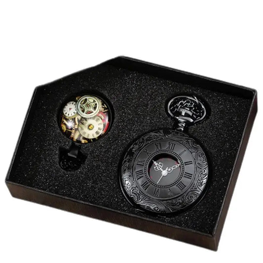 Due orologi da tasca retrò in scatola di presentazione, modello Gold Black