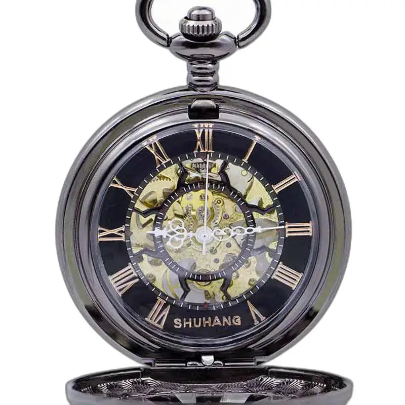 Orologio da tasca Steampunk con ingranaggi dentati, orologio da tasca scheletrato nero