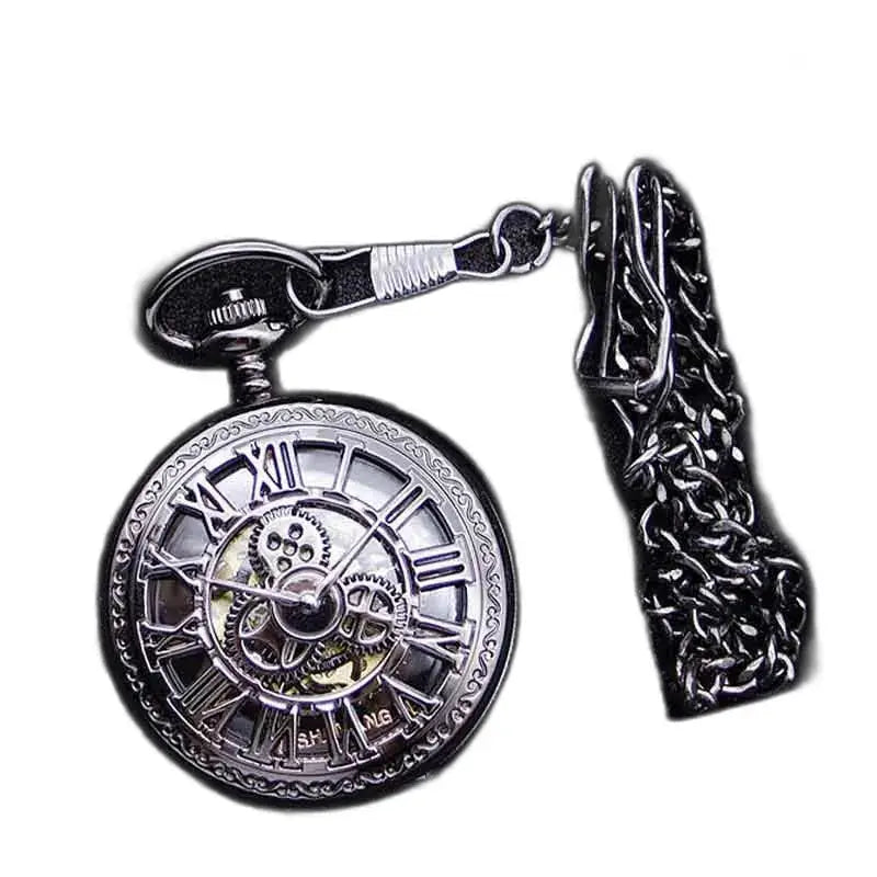 Orologio da tasca Steampunk con ingranaggi in argento e catena a vista
