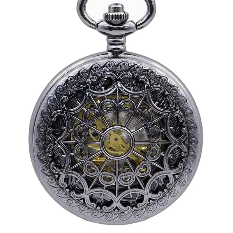 Orologio da tasca Steampunk in argento nichel con meccanismo a vista in argento decorato