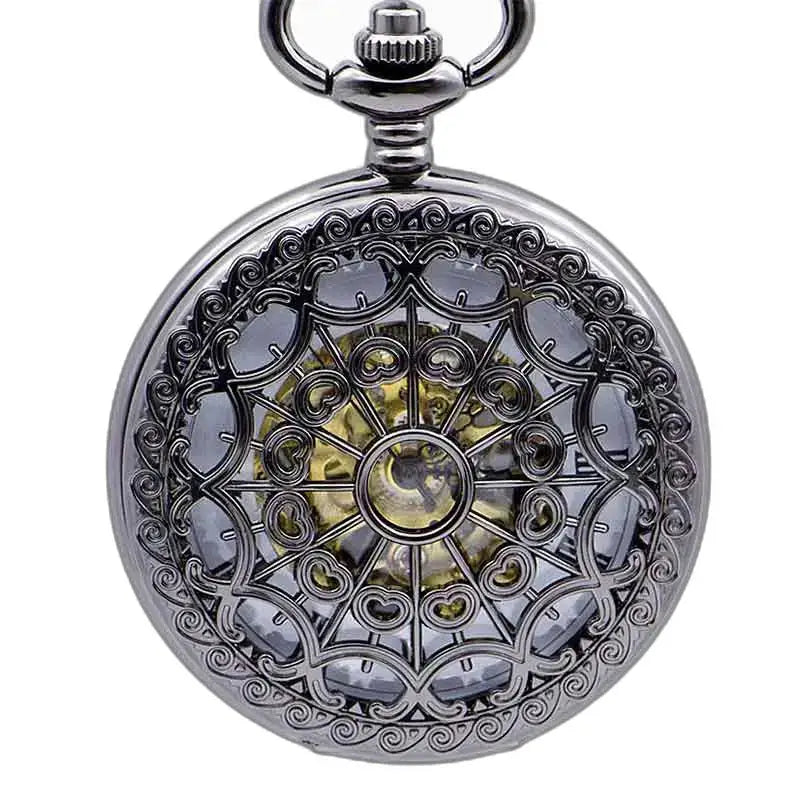 Orologio da tasca Steampunk in argento nichel con meccanismo a vista in argento decorato
