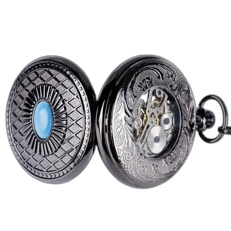 Orologio da tasca meccanico Steampunk in zaffiro blu con ingranaggi a vista e pietra blu