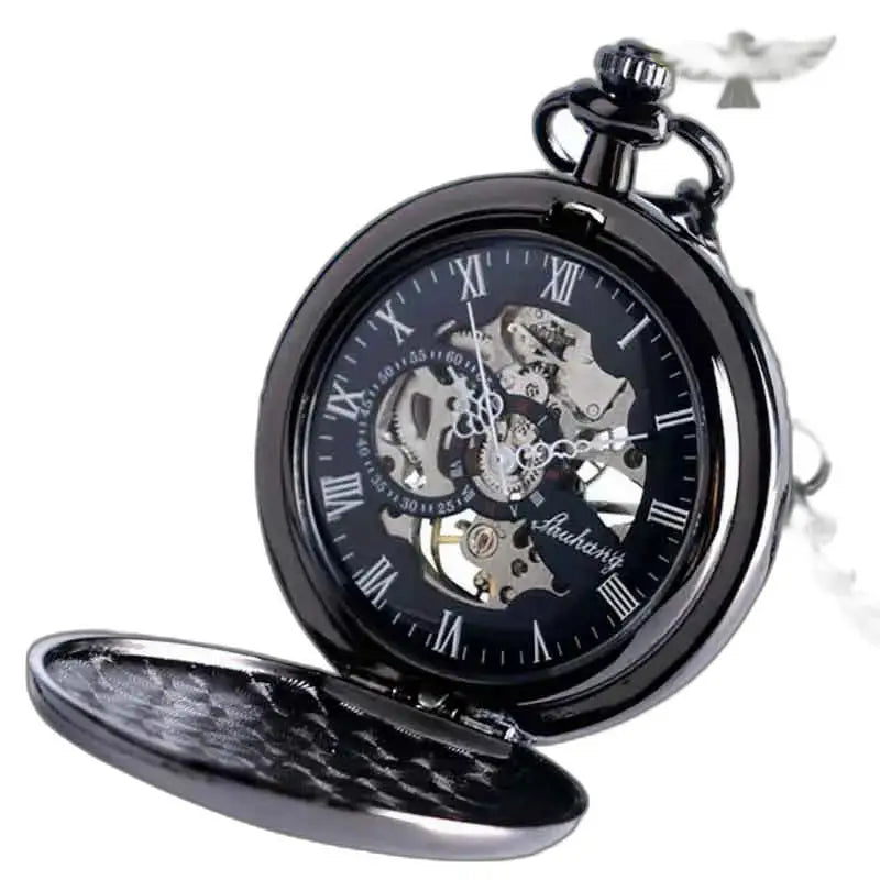 Orologio da tasca meccanico Steampunk in zaffiro blu con un elegante design nero