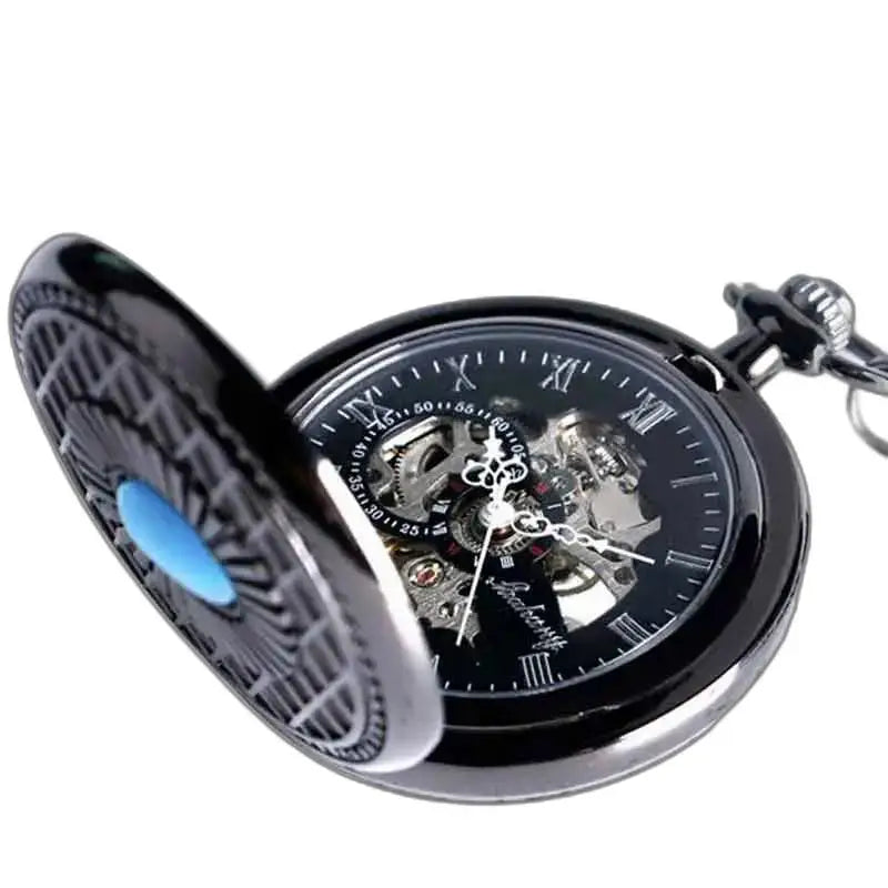 Orologio da tasca Steampunk con quadrante nero e meccanismo visibile in blu