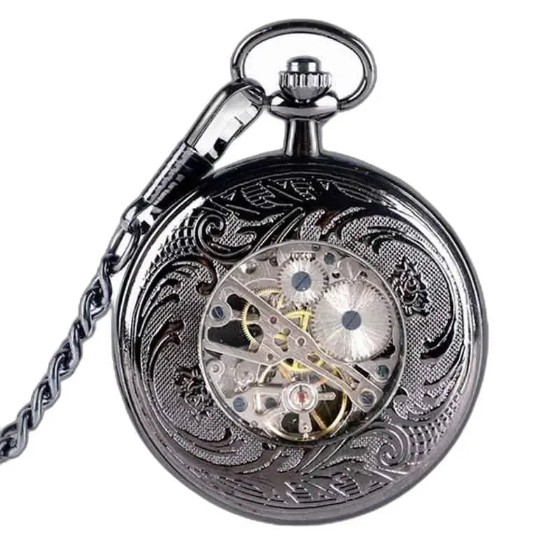 Orologio da tasca meccanico Steampunk in zaffiro blu con ingranaggi visibili decorati in nero