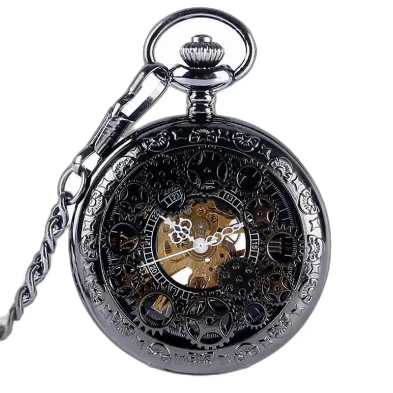 Orologio da tasca Steampunk con meccanismo a vista ed elegante catena nera
