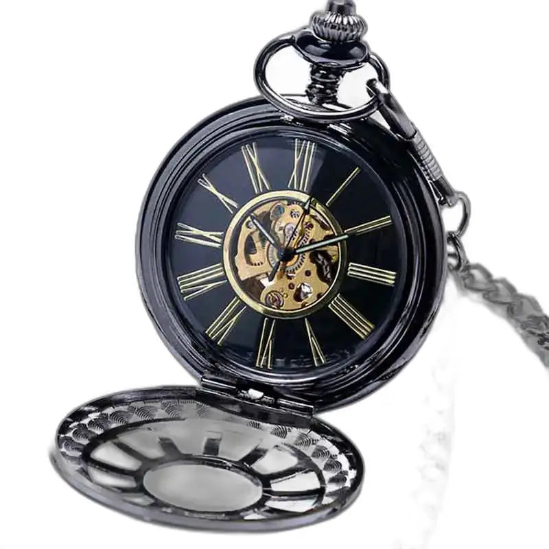 Futuristico orologio da tasca vintage Steampunk con un elegante quadrante nero