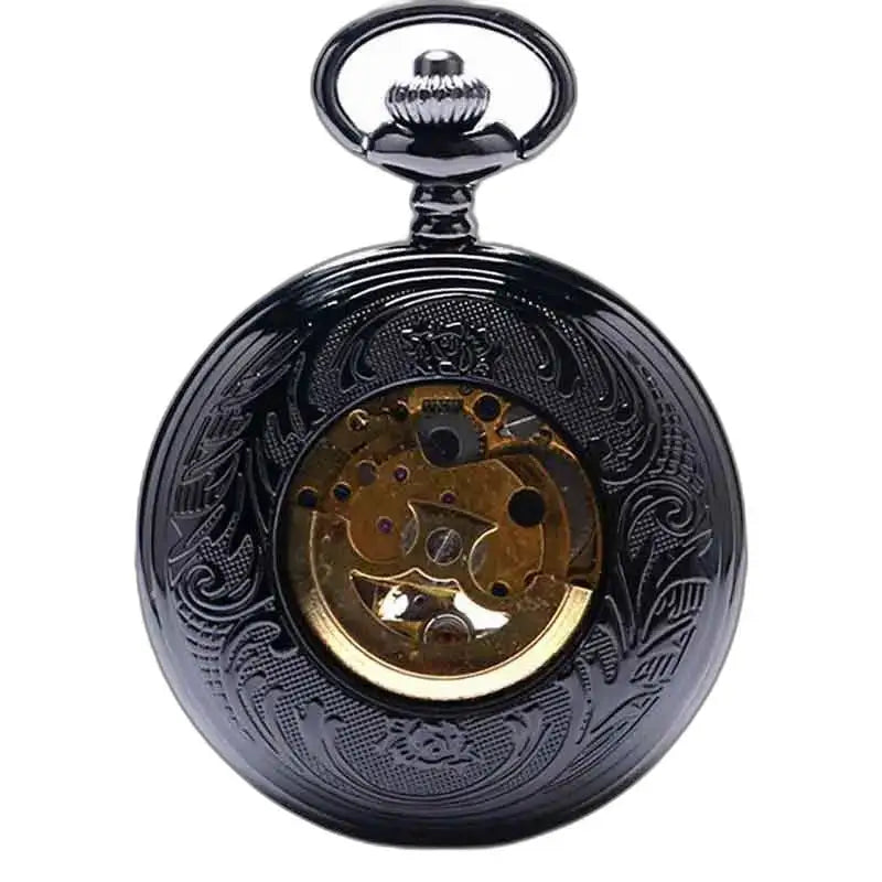 Futuristico orologio da tasca vintage Steampunk con un elegante quadrante nero decorato