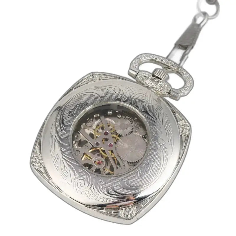 Moderno orologio da tasca in argento con meccanismo a vista per uomini eleganti