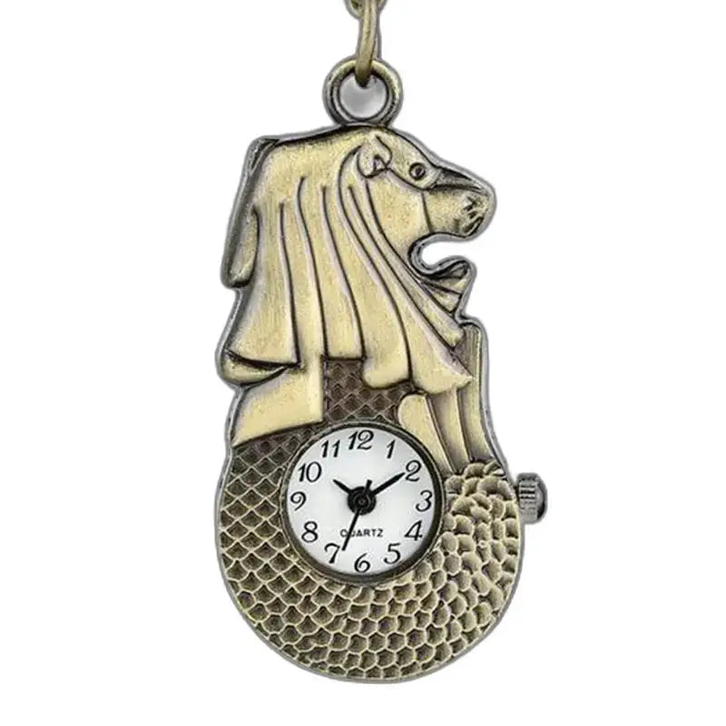 Orologio vintage con leone e bracciale a catena in bronzo a forma di Merlion