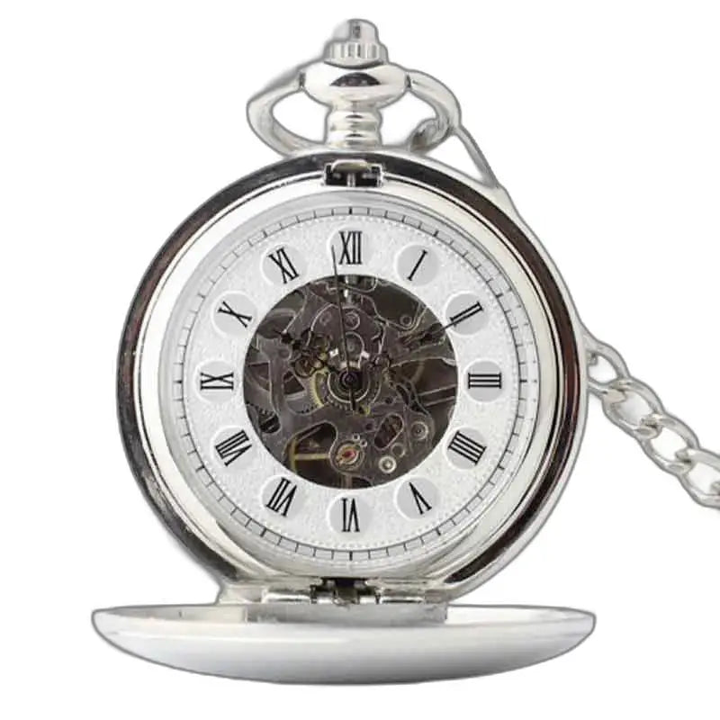Elegante orologio da tasca da uomo bianco con numeri romani e meccanismo argentato