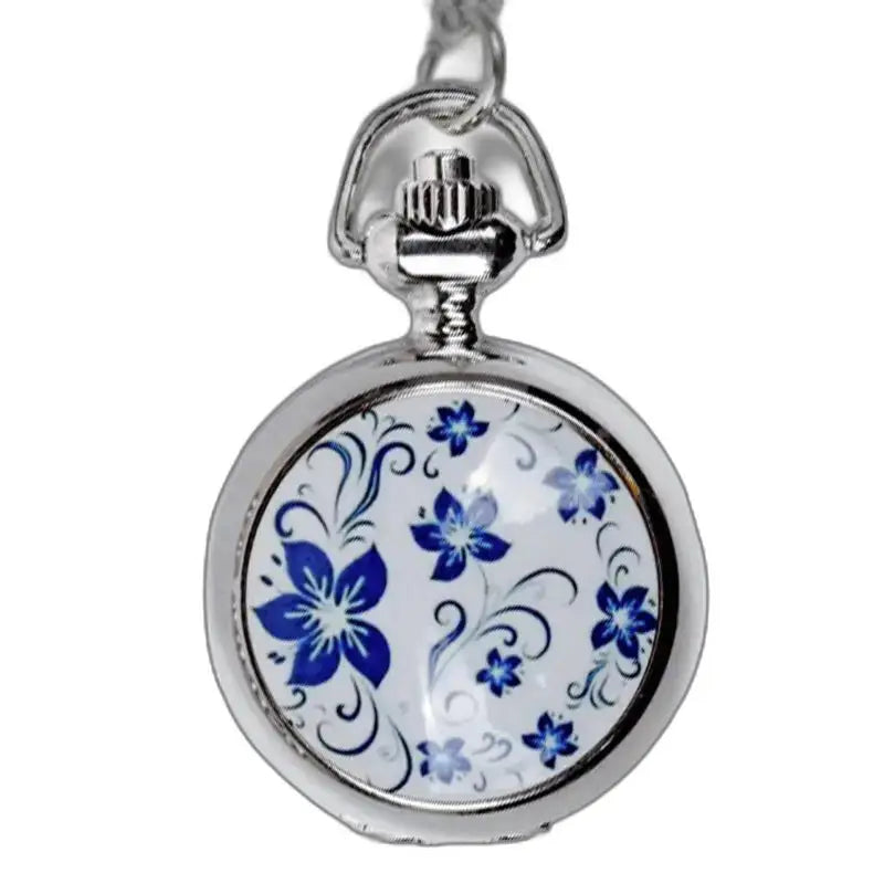 Orologio da donna chic con pendente in ceramica con fiori blu e movimento al quarzo
