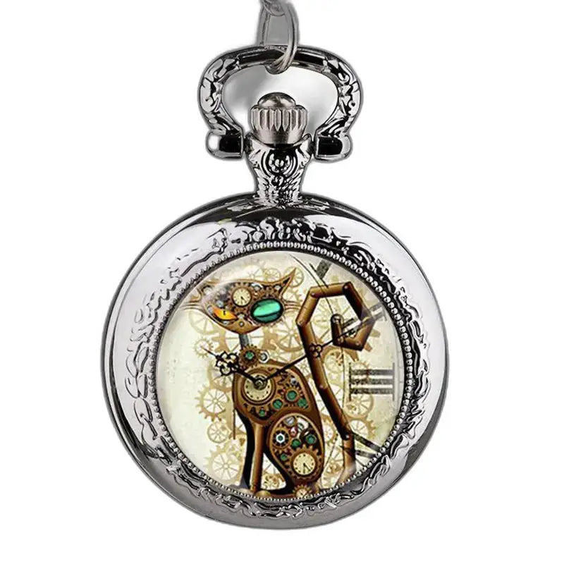 Orologio con pendente a forma di gatto in acciaio inossidabile con meccanismo analogico in stile Steampunk