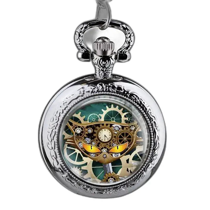 Orologio pendente a forma di gatto in acciaio inossidabile con meccanismo analogico e faccia di gatto Steampunk