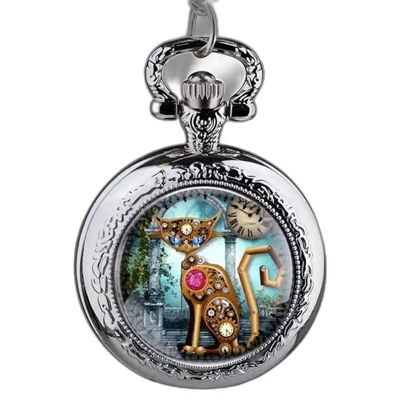 Orologio pendente a forma di gatto in acciaio inossidabile con design Steampunk Cat in argento