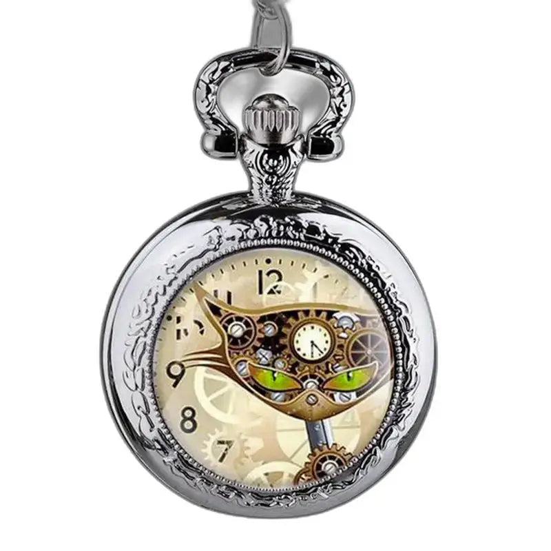 Orologio pendente a forma di gatto in acciaio inossidabile con meccanismo analogico Steampunk