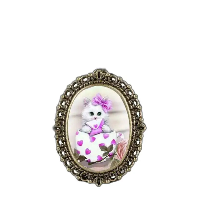 Spilla ovale con design di gattino, simpatico orologio con ciondolo gattino rosa