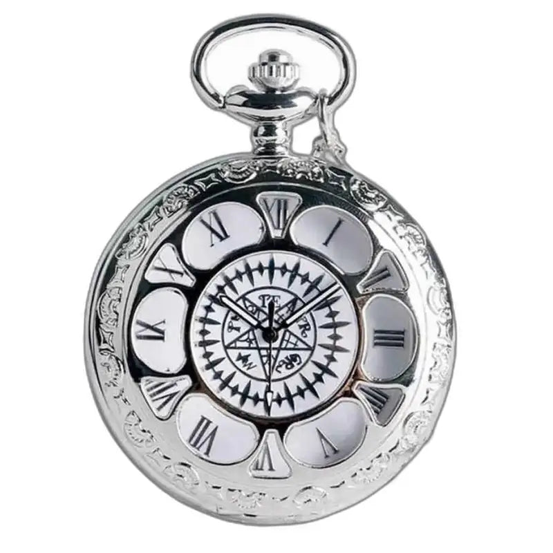 Elegante orologio pendente in argento con catena e numeri romani