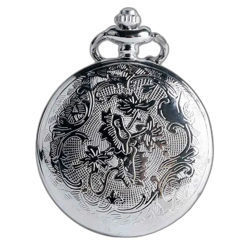 Elegante orologio pendente in argento con catena e incisione floreale in argento