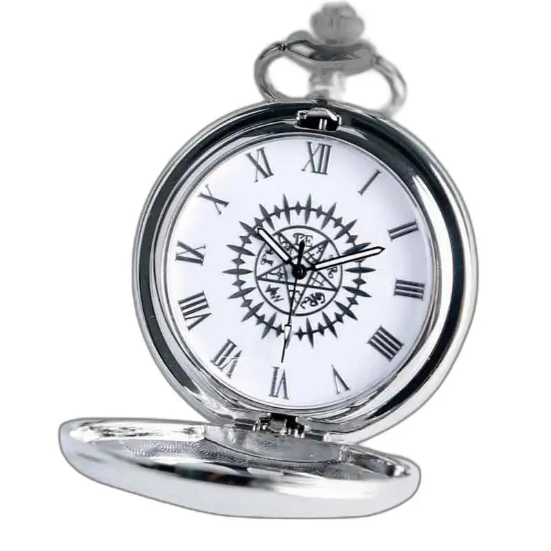 Elegante orologio pendente in argento con catena e quadrante con numeri romani