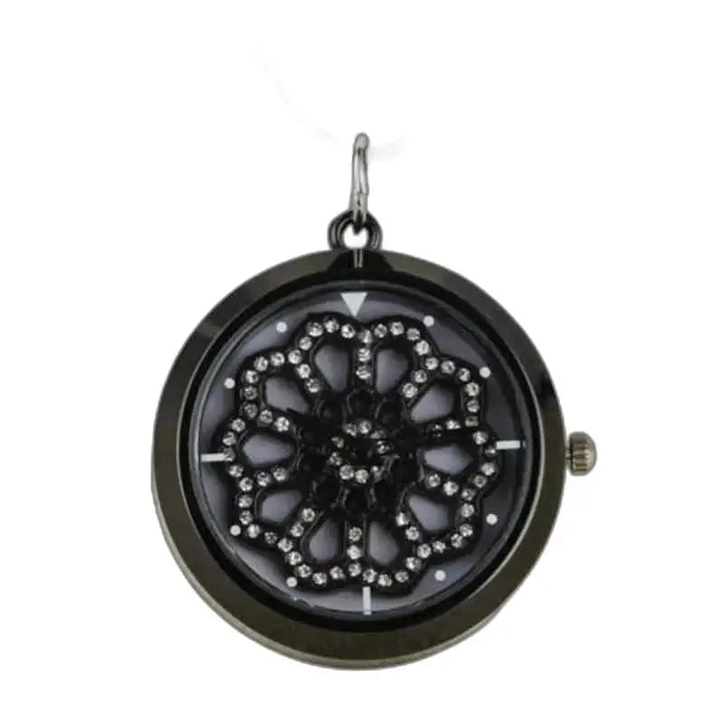 Elegante orologio pendente da donna con rosa nera e quadrante con pietre preziose