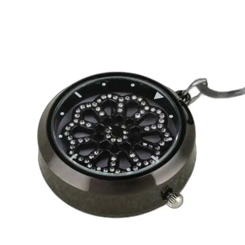 Elegante orologio pendente da donna con rosa nera con accenti di strass e design elegante