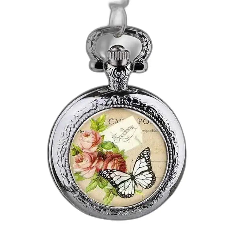 Elegante Orologio con Pendente a Farfalla in Acciaio con disegno floreale e farfalla in argento
