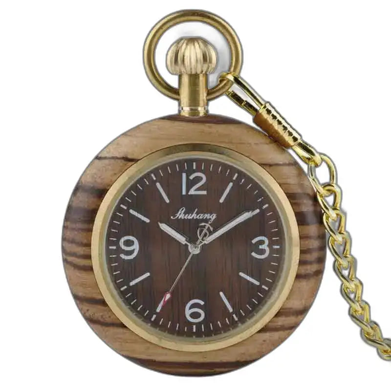 Orologio da tasca di lusso in legno zebrano con elegante catena dorata